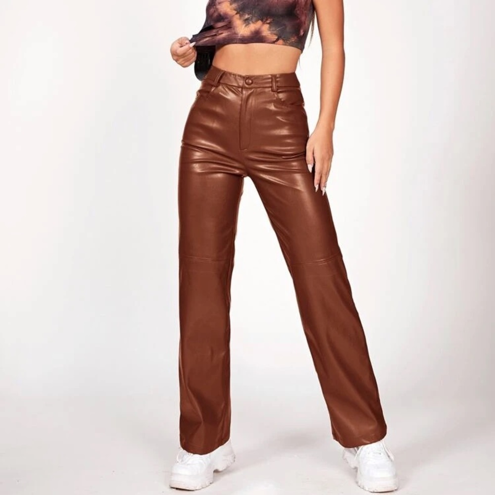 Petite Leather Straight Leg Pants